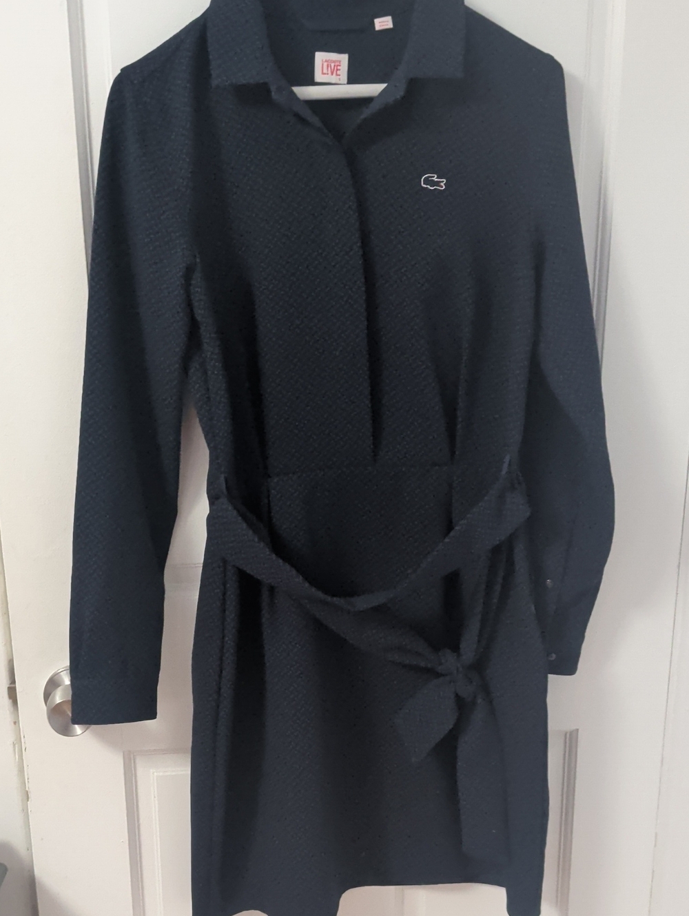 Lacoste Navy Textured Long-Sleeve Shirt Dress with Waist Tie